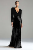 Sparkly Gold and Black Velvet V-Neck Formal Dress with Long Sleeves