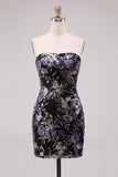 Pink Floral Sequin Strapless Bodycon Short Homecoming Dress
