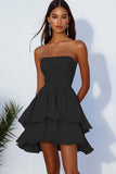 Black Strapless A-Line Pleated Homecoming Dress with Ruffles