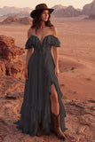 Off the Shoulder Ivory Ruffled A Line Wedding Dress with Slit