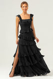 Dark Navy A Line Square Neck Tiered Long Chiffon Bridesmaid Dress with Ruffles