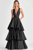 A-Line V Neck Tiered Long Prom Dress with Ruffles
