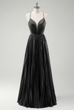 Grey Green A-Line Spaghetti Straps Pleated Long Bridesmaid Dress With Lace Up Back