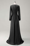 Agave A-Line Round Neck Satin Long Bridesmaid Dress with Long Sleeves