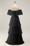Dark Green Off The Shoulder Tiered A Line Long Bridesmaid Dress