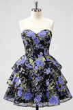 Pink Floral Sweetheart Sequin Tiered Ruffle A Line Homecoming Dress
