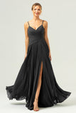 Dark Navy A Line Spaghetti Straps Pleated Long Bridesmaid Dress with Slit