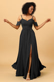 A Line Spaghetti Straps Long Chiffon Bridesmaid Dress With Slit