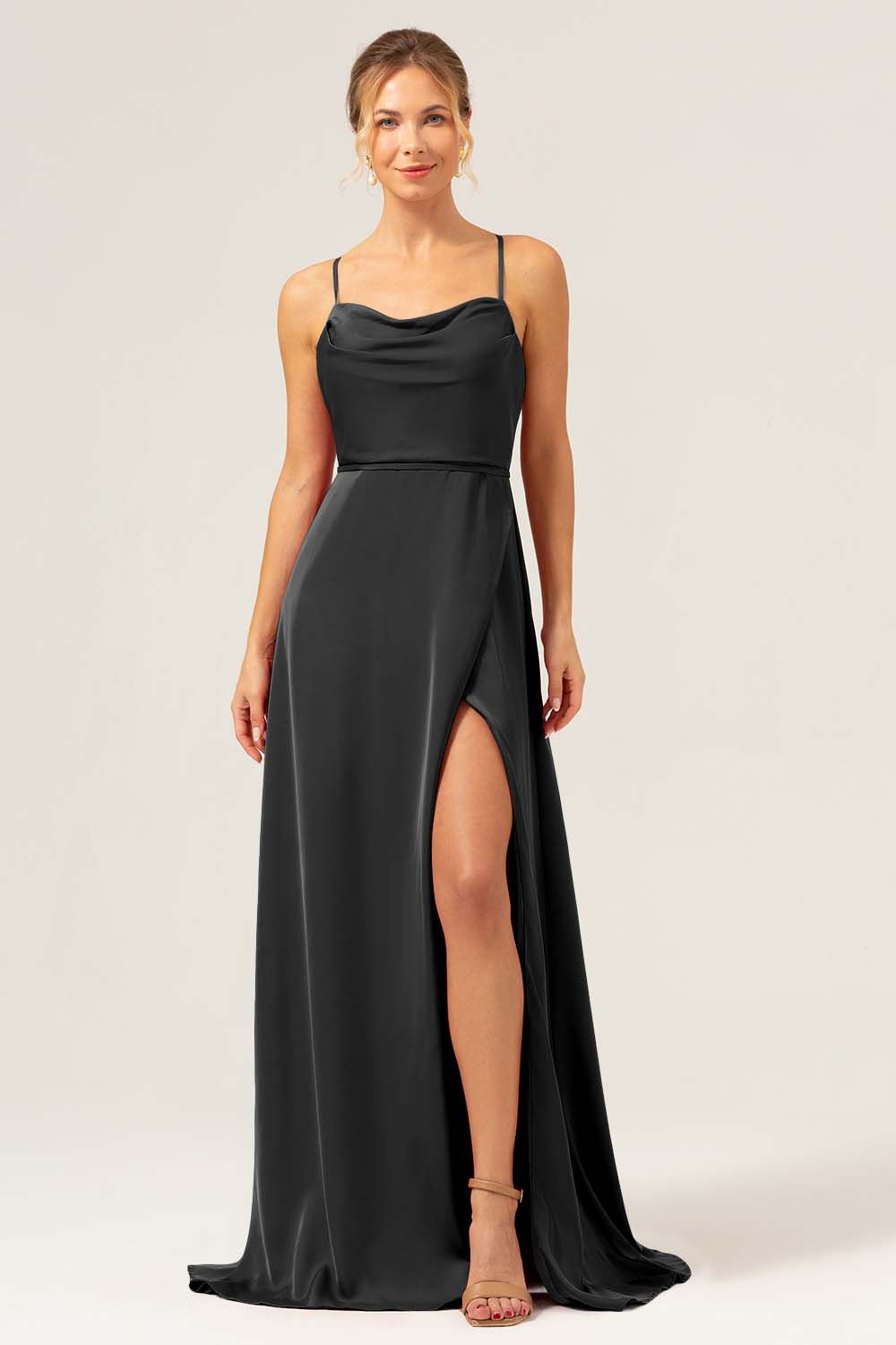 Wedtrend Women Dark Navy Bridesmaid Dress with Slit A Line Cowl Neck Long Satin Wedding Guest Dress WEDTREND Wedtrend Women Dark Navy Bridesmaid Dress with Slit A Line Cowl Neck Long Satin Wedding Guest Dress WEDTREND