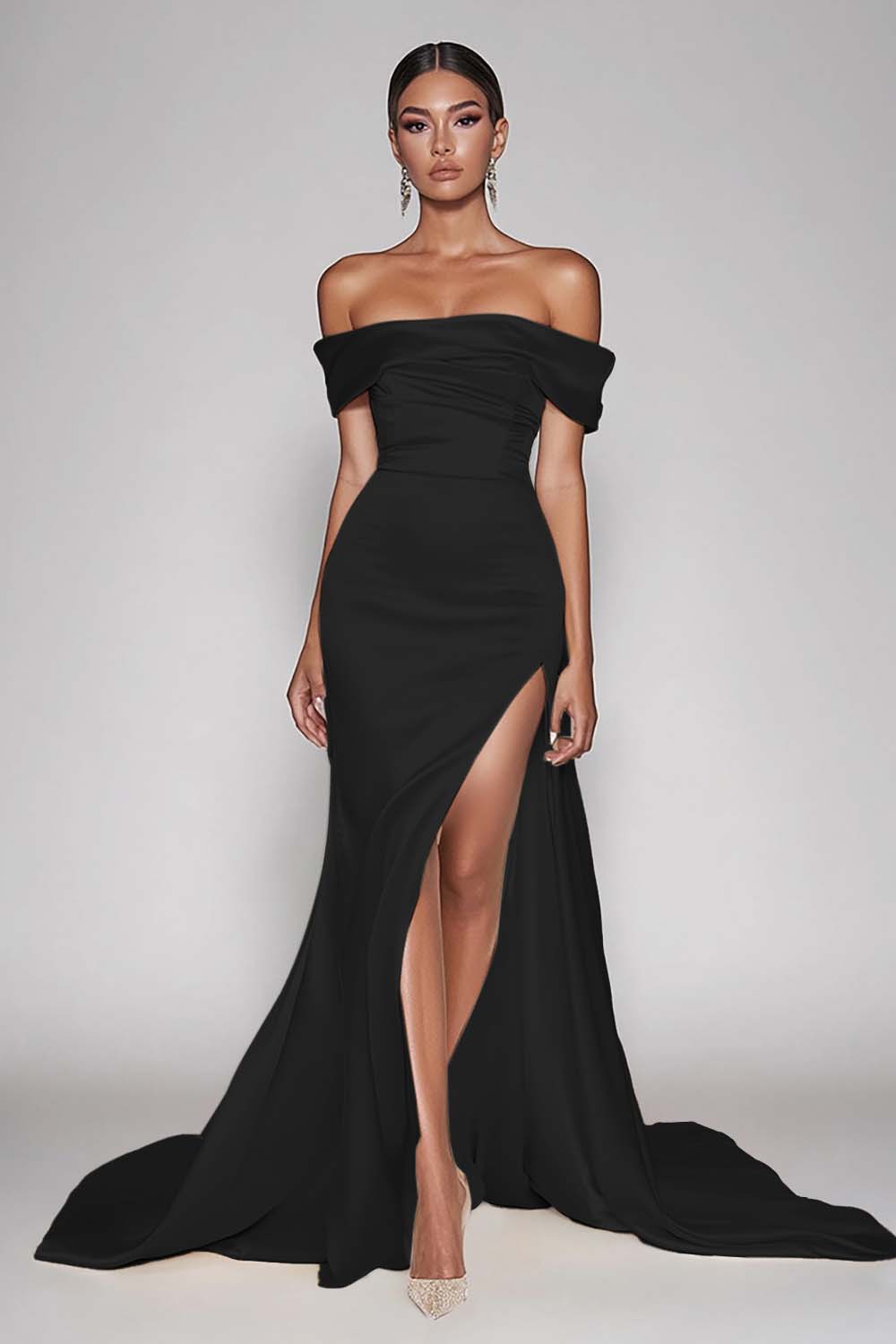 WEDTREND Women Off The Shoulder Formal Dress With Slit Mermaid Black Long Wedding Guest Dress WEDTREND Women Off The Shoulder Formal Dress With Slit Mermaid Black Long Wedding Guest Dress
