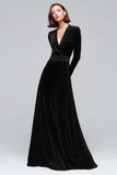 Black Velvet A Line V-Neck Long Sleeves Maxi Holiday Party Dress
