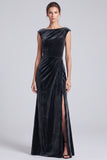 Black and Brown Velvet Bateau Neck Cap Sleeve Long Formal Dress with Slit