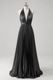 Royal Blue A-Line Halter Pleated Open Back Long Bridesmaid Dress