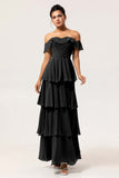 Eucalyptus A-Line Off The Shoulder Tiered Ruched Chiffon Long Bridesmaid Dress