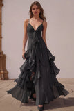 Dusty Blue Spaghetti Straps Chiffon A-Line Ruffled Bridesmaid Dress