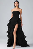 Dark Green Strapless A Line Ruffled Long Formal Dress With Slit