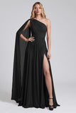 One Shoulder Burgundy A Line Formal Dress with Slit