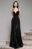 Black Velvet A Line Thick Straps Ruched Maxi Holiday Party Dress