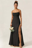 Green Flower A Line Spaghetti Straps Chiffon Long Bridesmaid Dress with Slit