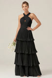 Lilac Halter Keyhole A Line Tiered Ruffle Pleated Bridesmaid Dress