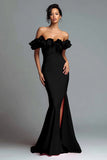 Black and Red Off The Shoulder Mermaid Ruffled Formal Dress with Slit