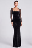 Velvet Mermaid Dark Green Square Neck Long Sleeve Formal Dress