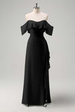 Light Green Sheath Off The Shoulder Chiffon Long Bridesmaid Dress with Ruffle Slit