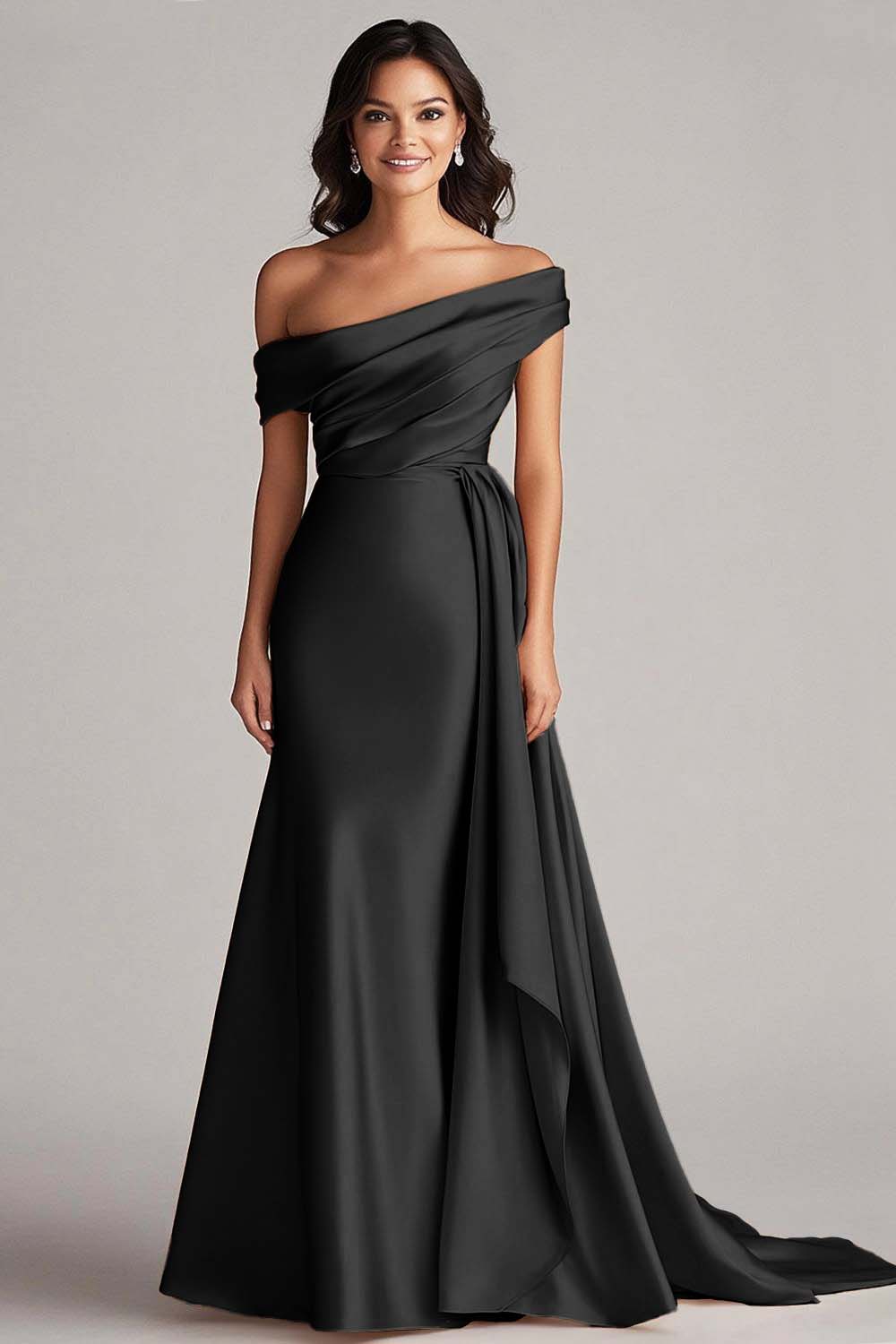 WEDTREND Women One Shoulder Formal Dress Pleated Champagne Sheath Long Red Carpet Dress, Black / US2