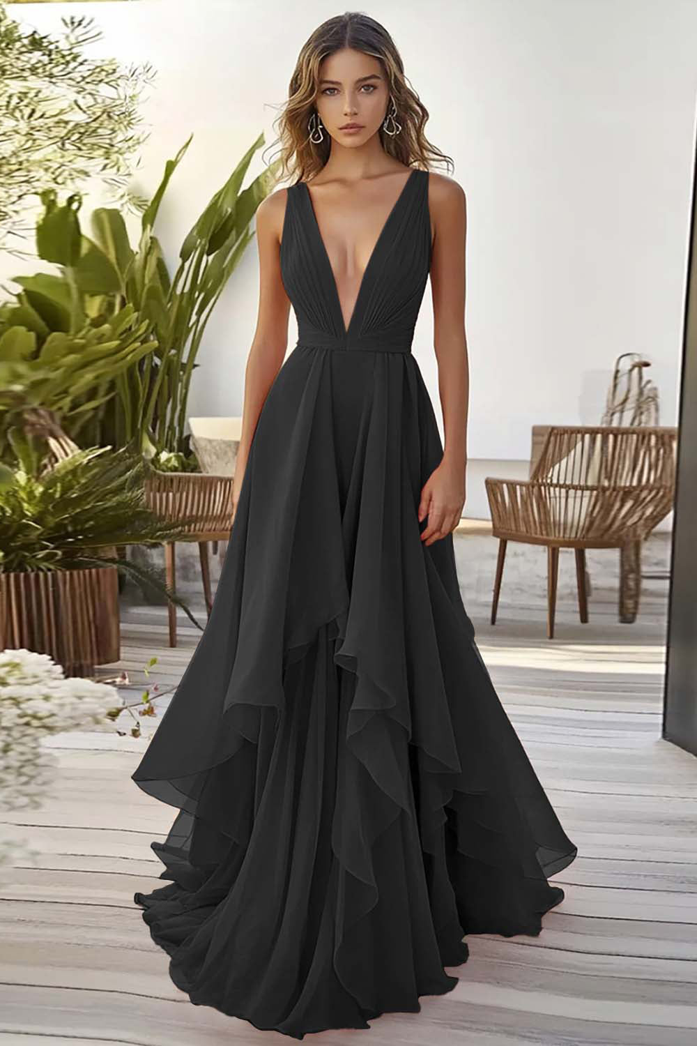 black a line v neck dress Custom Made A Line Deep V Neck Black Long Sleeves Prom Dresses With Le jbydress