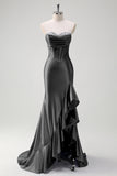 Sparkly Mermaid Strapless Corset Sequin Long Prom Dress with Ruffle Slit