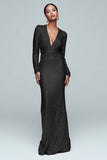 Sparkly Gold Sheath Sequins V-Neck Gala Dress with Long Sleeves