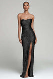 Sparkly Silver Strapless Sheath Sequins Holiday Party Dress with Slit