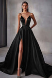 Dark Green Spaghetti Straps Satin A Line Formal Dress With Slit
