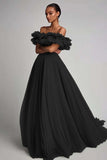 Black Off The Shoulder A Line Formal Dress With Ruffles