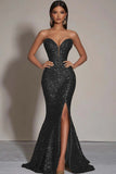 Dark Green Mermaid Strapless Sequin Long Formal Dress With Slit