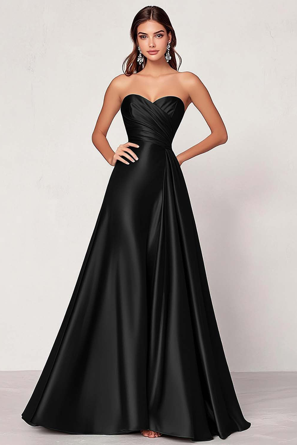 WEDTREND Women Black Strapless Formal Dress Satin Ruched A Line Long Evening Dress WEDTREND Women Black Strapless Formal Dress Satin Ruched A Line Long Evening Dress