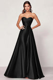 Black Strapless Satin Ruched A Line Long Formal Dress