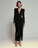 Olive Sheath Long Sleeves Velvet Ruched Formal Dress with Slit