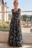 Green A Line V-Neck Floral Mother of the Bride Dress
