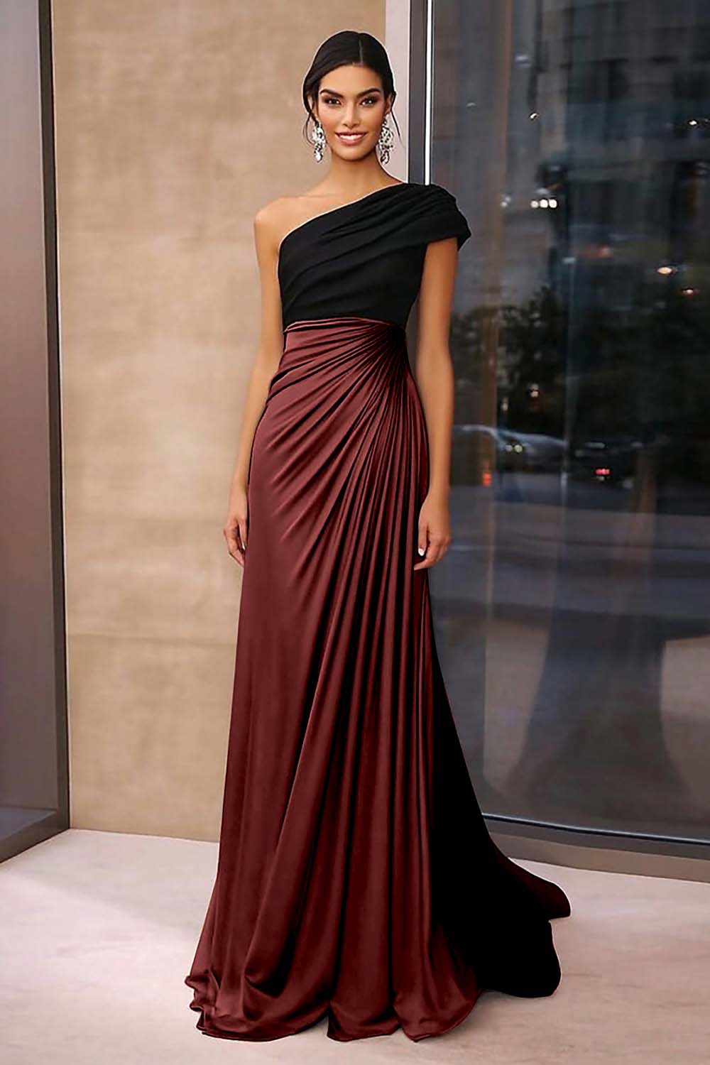 Wedtrend Women Brown Crepe Gala Dress Ruched One Shoulder Sheath Long Formal Dress WEDTREND Wedtrend Women Brown Crepe Gala Dress Ruched One Shoulder Sheath Long Formal Dress WEDTREND