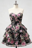 Pink Floral Sweetheart Sequin Tiered Ruffle A Line Homecoming Dress