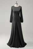 Agave A-Line Round Neck Satin Long Bridesmaid Dress with Long Sleeves