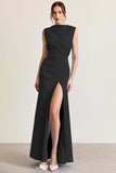 Black Bateau Neck Sheath Long Formal Dress With Slit