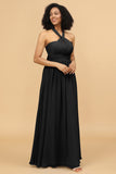 A Line One Shoulder V Neck Halter Neck Floor Length Grey Blue Bridesmaid Dress
