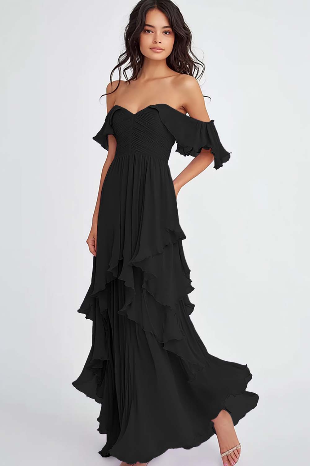 WEDTREND Women Off The Shoulder Formal Dress With Ruffles Black A Line Long Wedding Guest Dress WEDTREND Women Off The Shoulder Formal Dress With Ruffles Black A Line Long Wedding Guest Dress