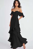 Off The Shoulder Black A Line Formal Dress With Ruffles