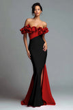 Black and Red Off The Shoulder Mermaid Ruffled Formal Dress with Slit