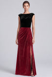 Black and Brown Velvet Bateau Neck Cap Sleeve Long Formal Dress with Slit