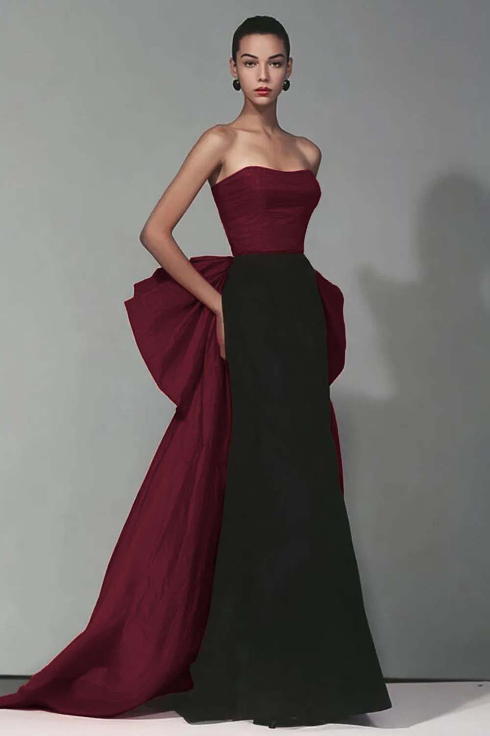 WEDTREND Women Black and Red Formal Dress Strapless Mermaid Satin Maxi