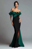 Black and Red Off The Shoulder Mermaid Ruffled Formal Dress with Slit